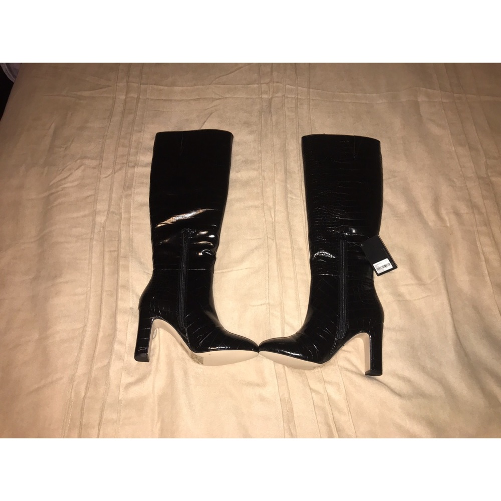 F21 Black Faux Knee Length Crocodile Boots